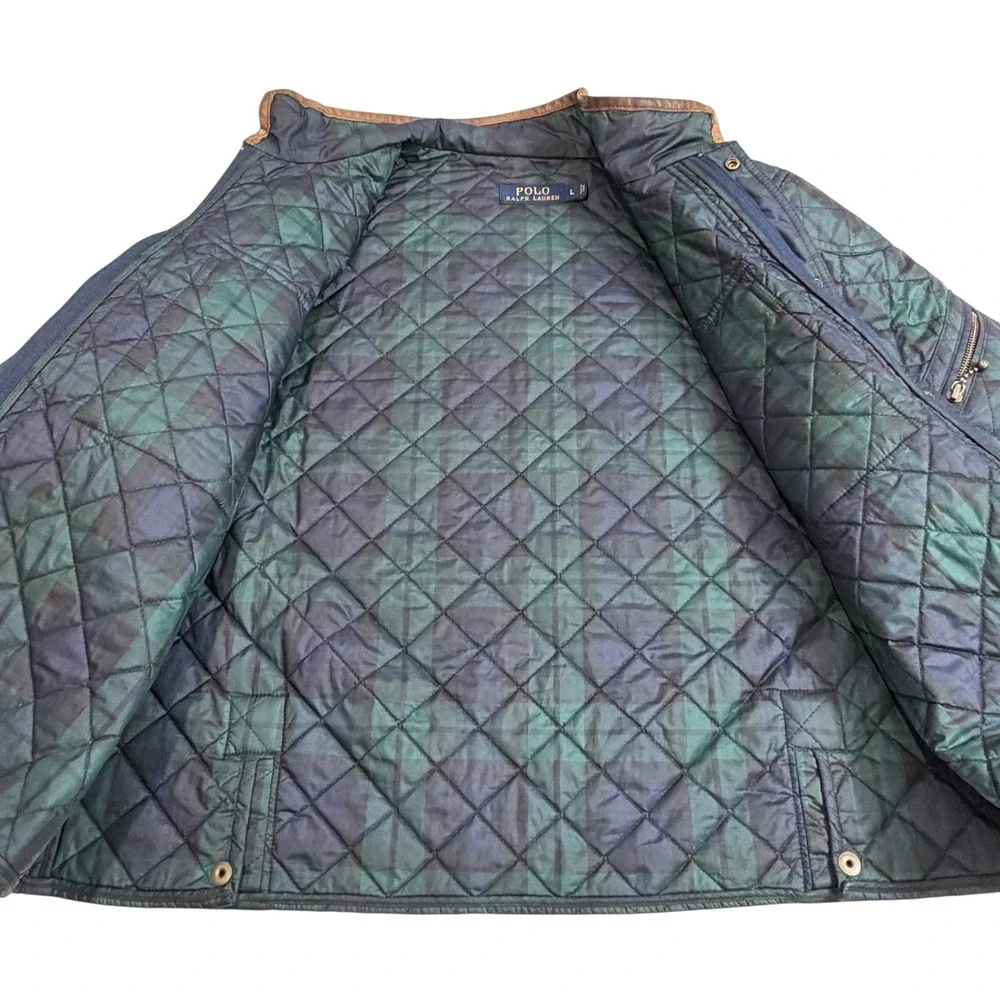 Polo Ralph Lauren Quilted Jacket‎ Womens L Navy Green Plaid Leather Trim
